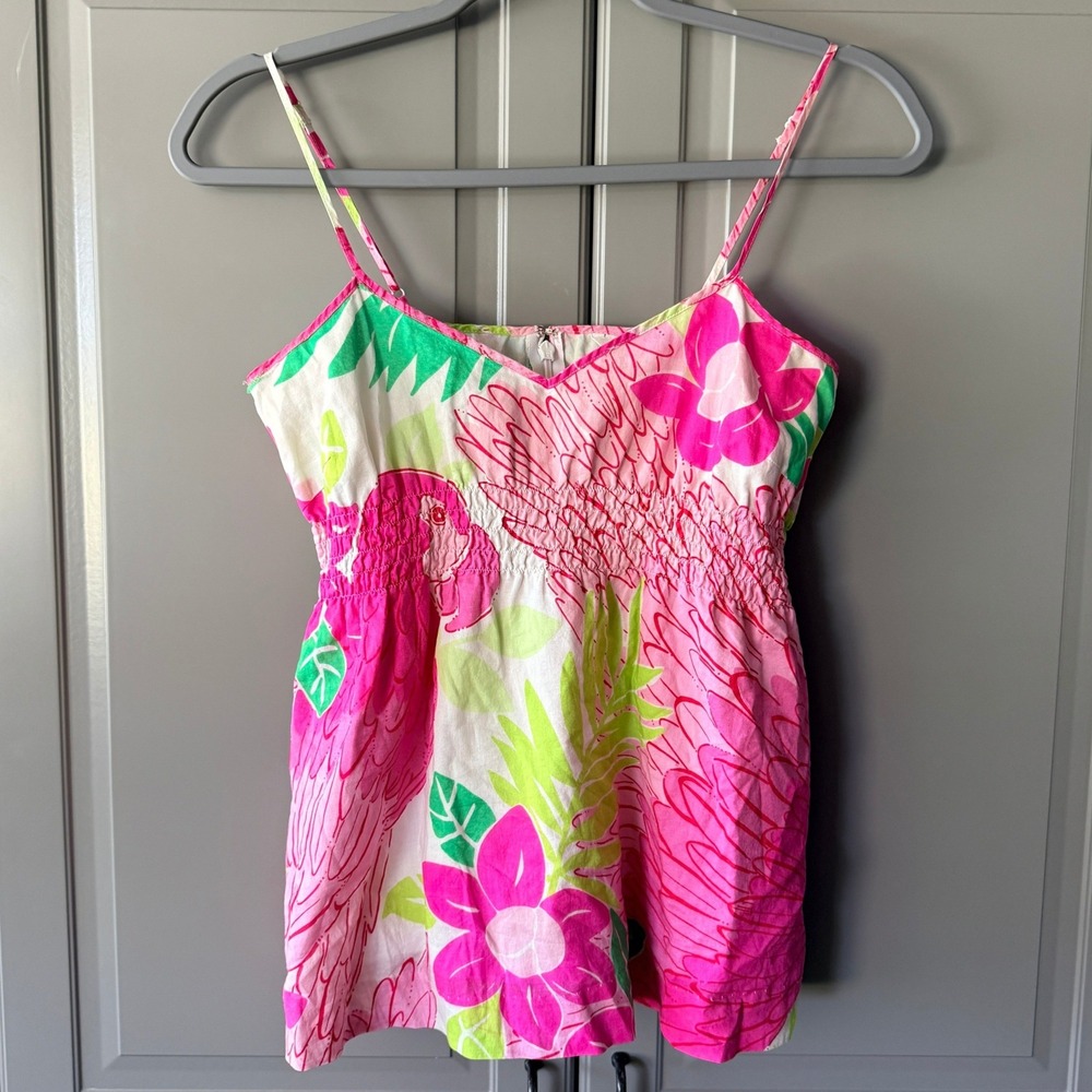 Lilly Pulitzer Vintage Flamingo Floral Smocked Camisole, Pink Green,0